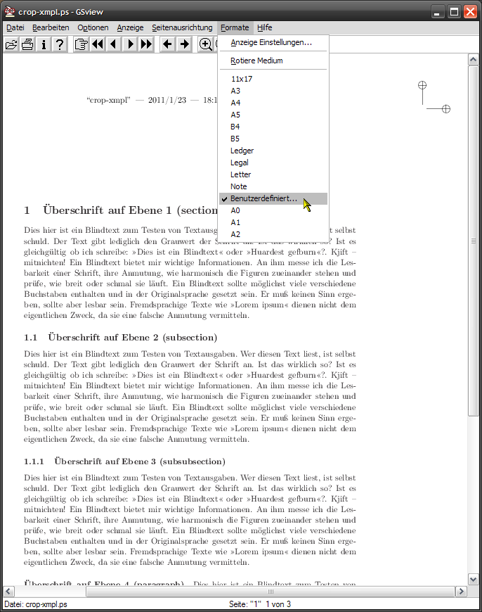 Das Menü »Formate« in GSview.