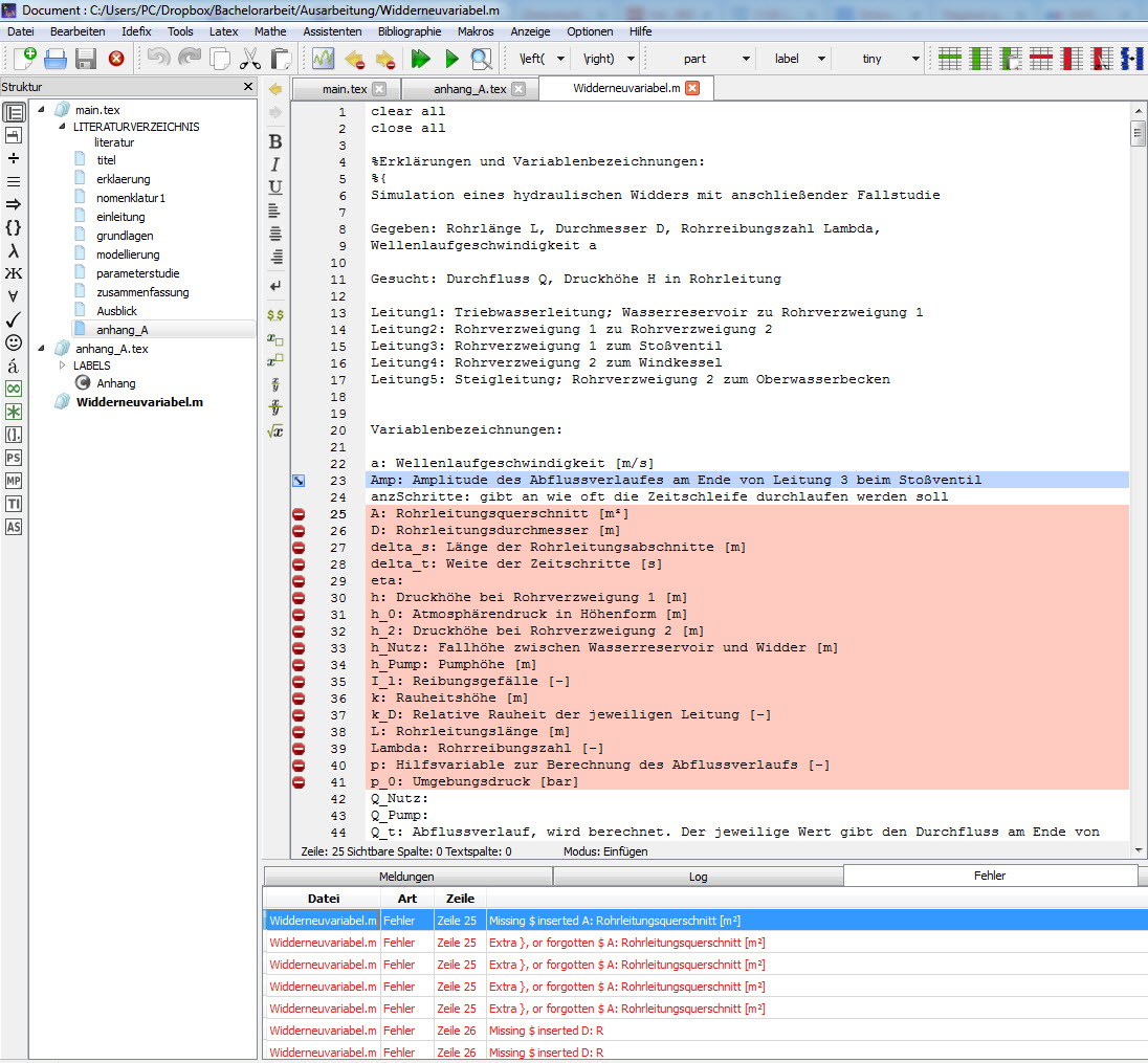 Screenshot TeXStudio, Auszug aus Matlab Code inklusive LaTeX Fehldermeldungen