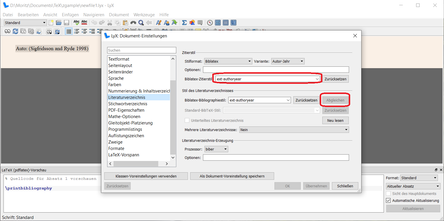 Screenshot der Literaturverzeichnis-Einstellungen in LyX