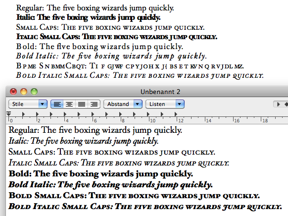 Bildschirmfoto mit der TeX-Ausgabe und TextEdit im Vergleich.